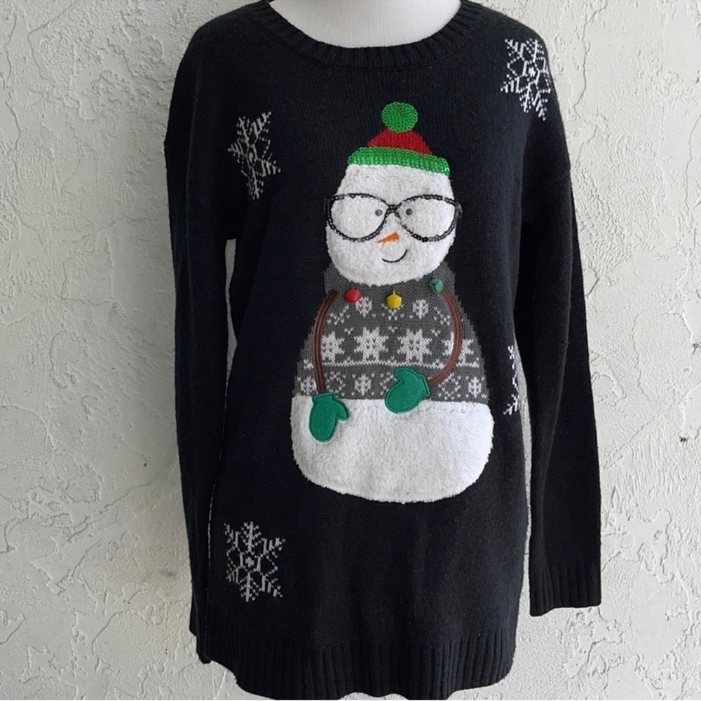 Allison Brittney Snowman Sequin Glasses Ugly Christmas Sweater Small S